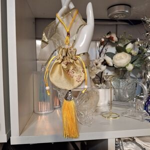 Golded Yellow Silky Drawstring Pouch with Tassel Set Of 3 New